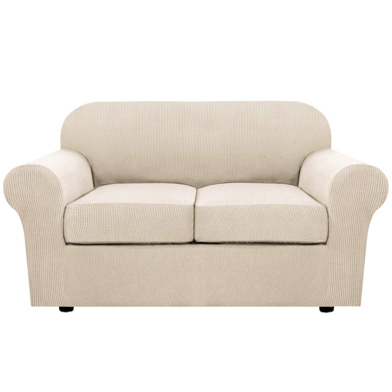 H.VERSAILTEX 3 Piece Stretch Sofa Covers for 2 Cushion Loveseat Couch Covers for Living Room Sofa Slipcovers (Base Cover Plus 2 Seat Cushion Covers) Thicker Jacquard Fabric(Medium Sofa, Natural) - Image 1